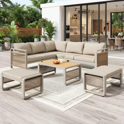 Produktbild von MODFU Garten Loungesessel Set Ecksofa mit weichen Sitz- und Rückenpolstern Outdoor-Loungesofa mit verstellbare Füße Möbelset für 6-7 Personen Beige