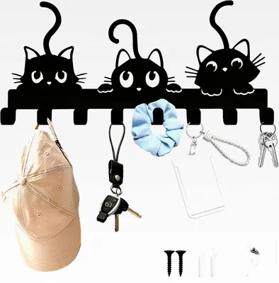 Produktbild von Schlüsselbrett Modern Metall Katzenmotiv Schwarz, 8-Haken Schlüsselhalter Wandgarderobe, Schlüsselaufbewahrung Deko für Flur Eingangsbereich Wohnzimmer als Katzen Deko & Organizer