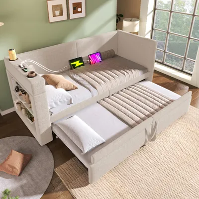Image de MODFU Lit Banquette 90x200 cm - Canapé-Lit Une Place avec Lit Gigogne, Rangement et Ports USB, Porte-Gobelet, Bois et Métal, Sans Matelas - Beige