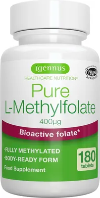 A product shot of a bottle of Igennus Pure L-Methylfolate food supplement.
