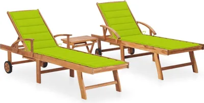 Produktbild von Sonnenliegen 2 Stk. mit Tisch und Auflagen Massivholz Teak