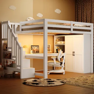 Image de Lit superposé 140x200, bureau, étagère, armoire, escalier avec rangement, ports USB, éclairage LED