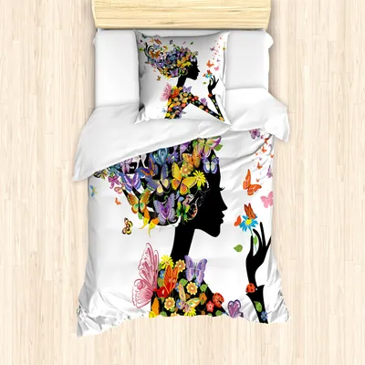 Produktbild von ABAKUHAUS Schmetterlinge Mantele, Blumen mit Schmetterling, Milbensicher Allergiker geeignet mit Kissenbezügen, 135 cm x 200 cm - 80 x 80 cm, Mehrfarbig