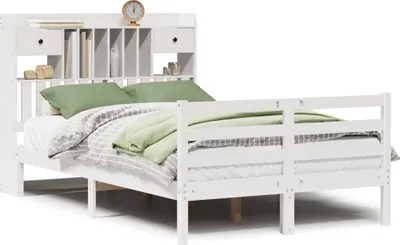 Imagen del producto de Cama de madera maciza con estantería, sin colchón, color blanco, 135x190 cm, pino