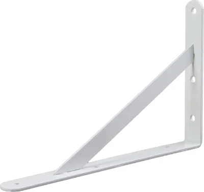 A white metal shelf bracket is shown against a white background.