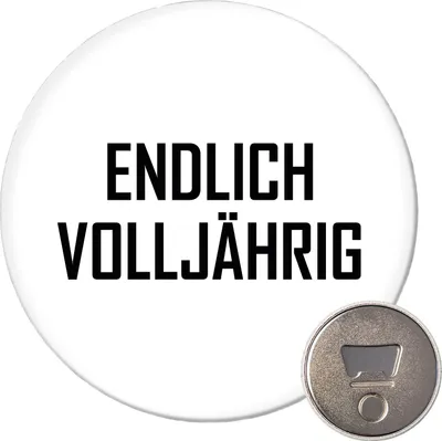 Produktbild von Huuraa Magnet Endlich Volljährig Schriftzug 59mm Kühlschrankmagnet rund Flaschenöffner Geschenkidee