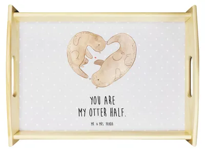 Produktbild von Mr. & Mrs. Panda Bett-Tablett Otter Herz - Grau Pastell - Geschenk, tablett aus holz, Liebe, betttablett, Holztablett, Serviertablett, Küchentablett, Hochzeitstag