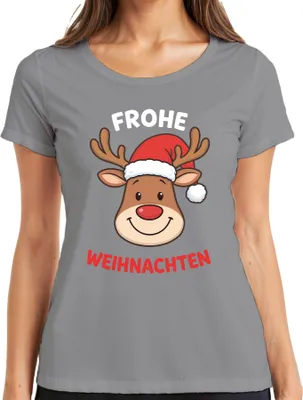 Produktbild von FROHE WEIHNACHTEN Rentier Weihnachtsmütze Cartoon Lustig Kinder Damen T-Shirt, Grau, XL