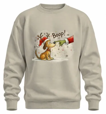 Imagen del producto de Sudadera o jersey uni con diseño navideño de "Boop", con motivos de Grinch, un perro, una nariz de reno y un regalo, en colores naturales, talla S