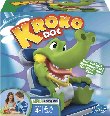 The image shows the packaging of the Kroko Doc board game, featuring a cartoon crocodile character in a dentist's chair.
