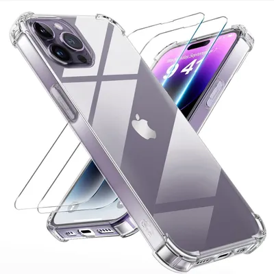 Image de Kit de protection 3 en 1 pour iPhone 14 Pro Max : coque et 2 protections en verre trempé, transparent, en TPU, résistant aux chocs et aux rayures