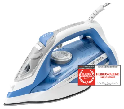 Produktbild von TZS First Austria - Dampfbügeleisen 2600 W - Keramiksohle - 91 Düsen, 35g/min Dampf - Vertikaldampf, Anti-Kalk & 450ml Wassertank - Blau