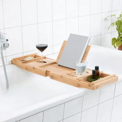 Produktbild von Navaris Bambus Badewannenablage Frühstückstablett ausziehbar - Buch Ablage Weinglas Halterung - Tablett für Badewanne und Bett - aus Holz in Braun
