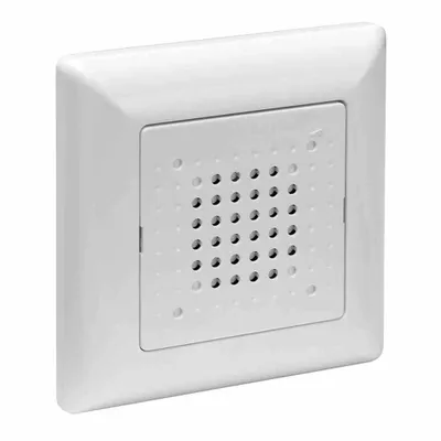 A white, square-shaped device with a perforated front panel, likely a speaker or sensor, is shown against a white background.