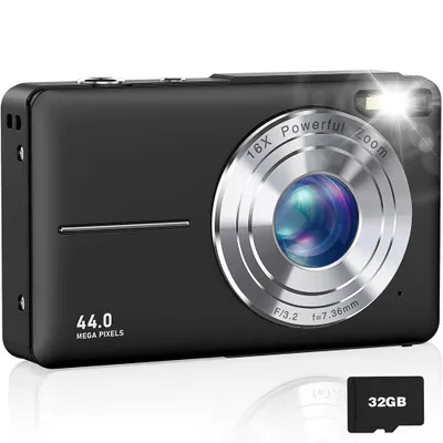 Image de AIORBER Appareil photo numérique 44MP Compact avec zoom 16X, écran 2,4", flash, anti-tremblement, carte mémoire 32 Go, facile à utiliser, Noir