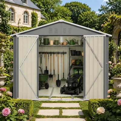 Produktbild von Geräteschuppen Gerätehaus Metall Fundament Gartenhaus Lagerschuppen mit Satteldach 9m³ Grau