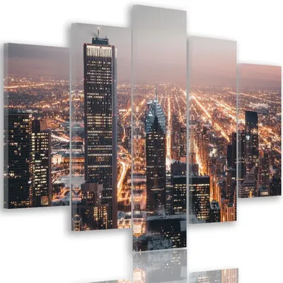 Produktbild von 5-teiliges leinwandbild wolkenkratzer bei nacht 100x70 cm Feeby orange wandbild bereit zum aufhängen