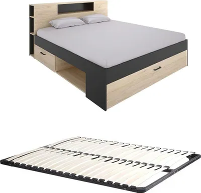 Produktbild von Bett mit Kommode und Schubladen - 160 x 200 cm - Farben: natur und anthrazit + Rahmen - LEANDRE
