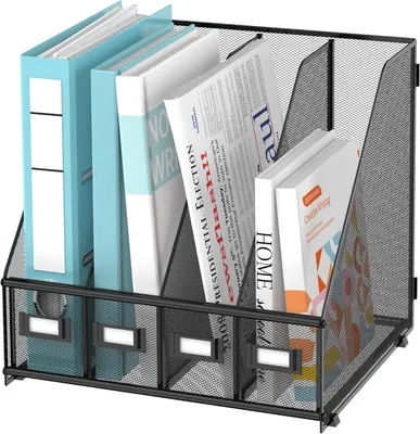 Obrázok produktu pre Držiak na časopisy, 4 vertikálne priehradky, kovový, určený do kancelárie, čierny