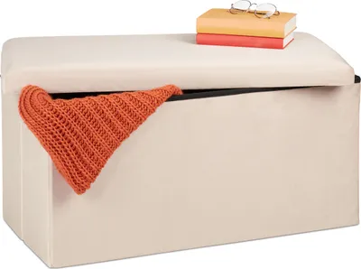 Produktbild von Relaxdays Sitzbank mit Stauraum, Samtbezug, 80 L, Flur, Wohnzimmer, gepolstert, faltbar, Truhenbank, 38x77x39 cm, creme