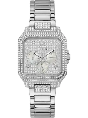 A silver Guess watch with a diamond-encrusted bezel and face.