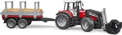 Zdjęcie produktu dla Bruder Massey Ferguson 7480 z przyczepą do transportu drewna z ładowaczem czołowym i 3 pniami drzew