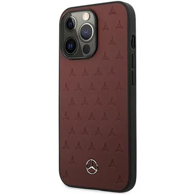 A close-up, angled view of a red iPhone case with a textured pattern and a Mercedes-Benz logo.