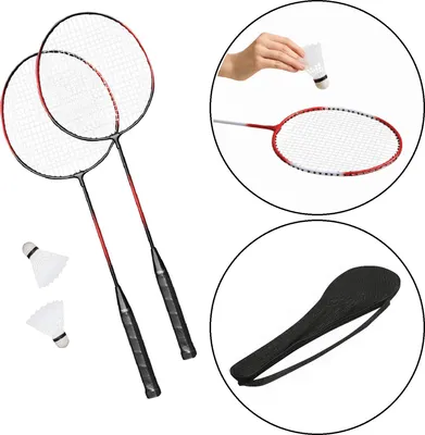 Produktbild von Federball Set mit 2 Badmintonschlägern, 2 Federbällen & Tragetasche – Badmintonset für draußen, Urlaub, Garten oder Park