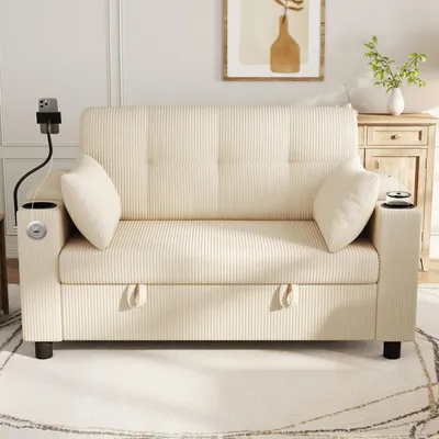 Produktbild von STILVORA Zweisitzer Sofa mit verstecktem Stauraum und Getränkehalter,Sofa mit USB/Type-C-Ladeanschluss und Armlehnen-Stauraum,Cordsofa mit 2 Lendenkissen
