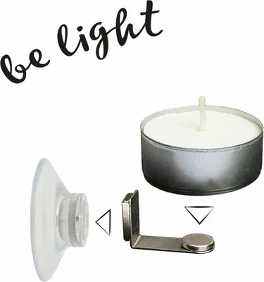 A tea light candle and its mounting accessories are shown, with text overlay.