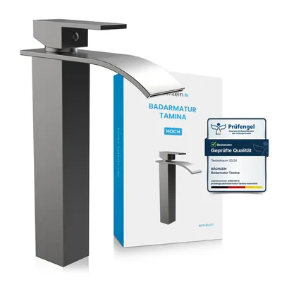 Produktbild von Badarmatur Tamina hoch - Anthrazit | Wasserfall Badarmatur im klassischen Design - Wasserhahn für Bad-Aufsatz-Waschbecken