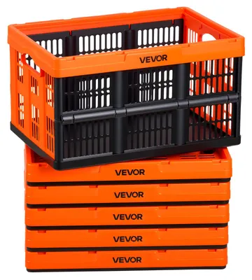 Image de Lot de 6 bacs pliants VEVOR 45 L, bacs de rangement pliables en plastique, bacs empilables avec poignées, capacité de charge de 15 kg par bac, bacs pliants, parfaits pour l'organisation de la maison, orange et noir