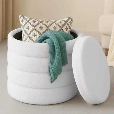 Produktbild von Runder weißer Pouf mit Stauraum – Sitzhocker für den Schminktisch aus Teddystoff