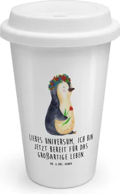 Produktbild von Mr. & Mrs. Panda ToGo Kaffeebecher Pinguin Blumen - Weiß - Geschenk, Thermobecher To Go, Universum, Coffee Becher, Motivation, Blumenkranz, Positiv, Trinkbecher