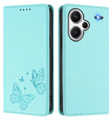 Produktbild von Lederhülle für Xiaomi Redmi Note 13 Pro+, Schmetterling Prägung Leder Brieftasche Schutzhülle mit Ständer Türkis