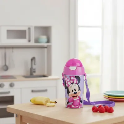 Produktbild von Disney Minnie Maus Trinkflasche Flasche mit Trinkhalm Gurt 500 ml