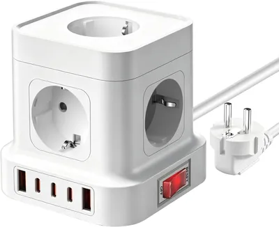 Obrázek produktu pro Multifunkční zásuvková lišta 10 v 1: 5 zásuvek, 5 USB portů, plochý design