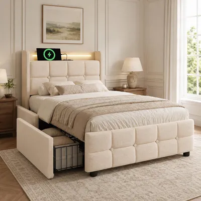 Produktbild von Flieks Polsterbett 90x200cm mit USB und Steckdosen, Jugendbett Einzelbett mit 2 Schubladen, Stauraumbett Massivholzbett mit LED und Lattenrost, Leinen, Beige