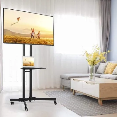 Image de Meuble TV pour téléviseurs de 32 à 65 pouces, réglable en hauteur, pivotant, avec roulettes, jusqu'à 50 kg