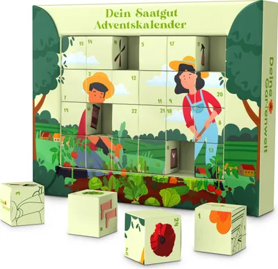 An advent calendar shaped like a box with illustrations of people gardening and plants.
