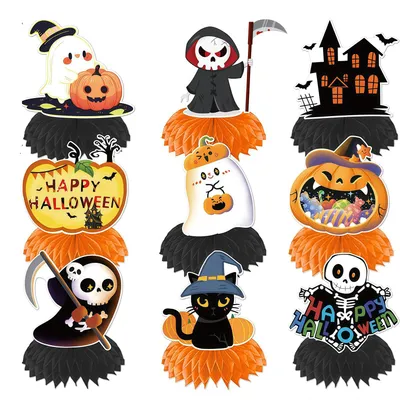 9er Set Halloween Honigwaben-Tischdeko Geist Kürbis 15 cm
