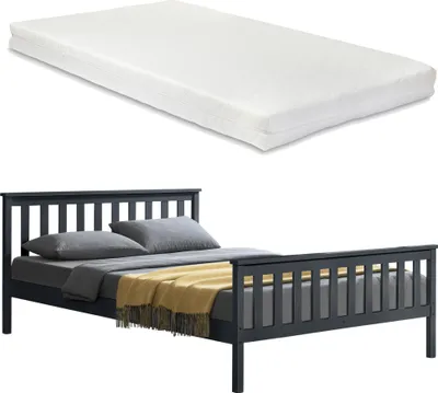 Obrázek produktu pro [en.casa] Dřevěná postel s matrací 180x200cm s vysokým čelem a lamelovým roštem tmavě šedá postel s matrací ze studené pěny ÖKO-Tex 100 manželská postel z borovicového dřeva manželská postel
