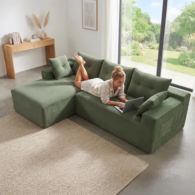 Produktbild von GLP Modulares Ecksofa 256 cm aus Cord, 4-Sitzer mit Chaiselongue links, Taschenfederkern, 5 Kissen, Seitentaschen, vakuumverpackt & montagefrei