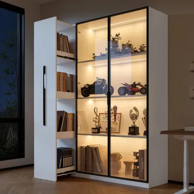 Productafbeelding van Multifunctionele kast 110,5x35x160cm - LED-vitrine met amberkleurig glas, zijladen en wielen - Hoge kast in moderne stijl, kleur wit