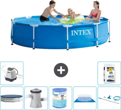 Produktbild von Intex-Schwimmbecken mit rundem Rahmen – 305 x 76 cm – Blau – im Lieferumfang enthalten Abdeckung - Filterpumpe für Schwimmbad - Filter - Bodenplane - Reinigungskit - Salzwassersystem