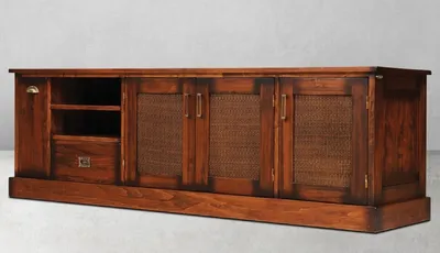 Produktbild von Casa Padrino Luxus Vintage Stil TV Schrank Braun / Messing 204 x 52 x H. 66 cm - Vintage Stil Sideboard mit 3 Türen und 2 Schubladen - Vintage Stil Wohnzimmer Möbel - Luxus Wohnzimmer Möbel