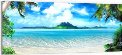 Produktbild von DEQORI Glasbild Echtglas 150x60 cm 'Einsamer Palmenstrand' Wandbild Bild modern Deko