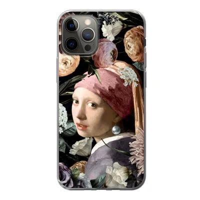 Produktbild von MuchoWow® Handyhülle Schutzhülle Hülle für iPhone 12 Pro Mädchen mit Perlenohrring - Blumen - Vermeer - Pastell - Kunstwerk - Gemälde - Alte Meister Silikon Softcase Handy Hülle - Abdeckung