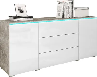 Produktbild von MIRJAN24 Kommode Vera, Griffloses Öffnungssystem, Sideboard, Stilvoll Highboard Schrank (Farbe: Beton / Weiß Hochglanz, mit RGB LED Beleuchtung)