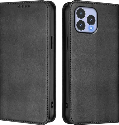 A black leather flip phone case shown from the front and back.